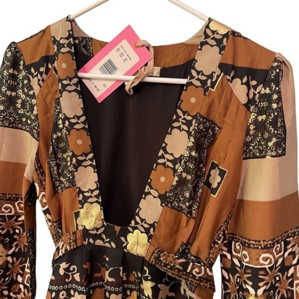 Chelsea & Violet Brown Gold Floral Plunge Mini Dress NWT XS Boho Festival - Picture 5 of 11